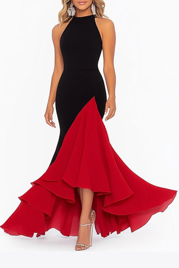 Black and Red Mermaid Ruffled Maxi Formal Dress